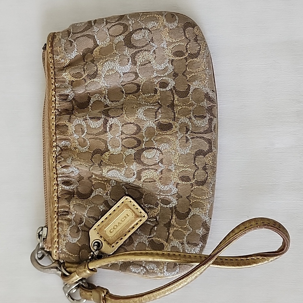 Coach Khaki Gold Silver Metallic Signature Satin Leather Trim Wristlet Wallet